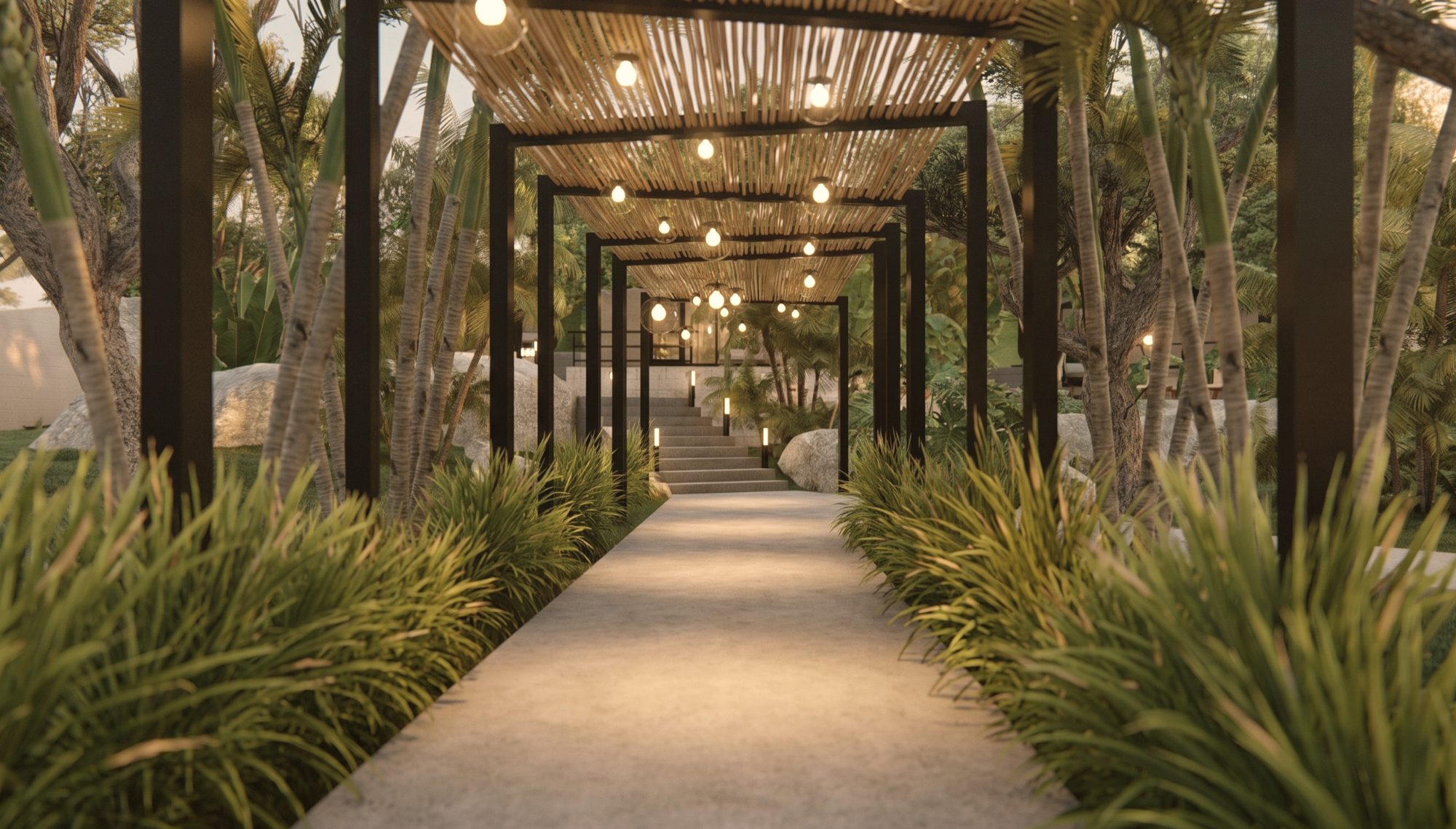 Lit walkway through the jungle